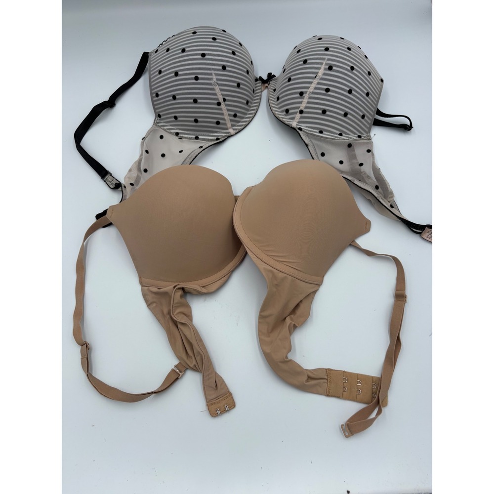 Victoria's Secret PINK Push Up Bra Lot 2 34C Nude Tan Striped Polka Dot Mesh